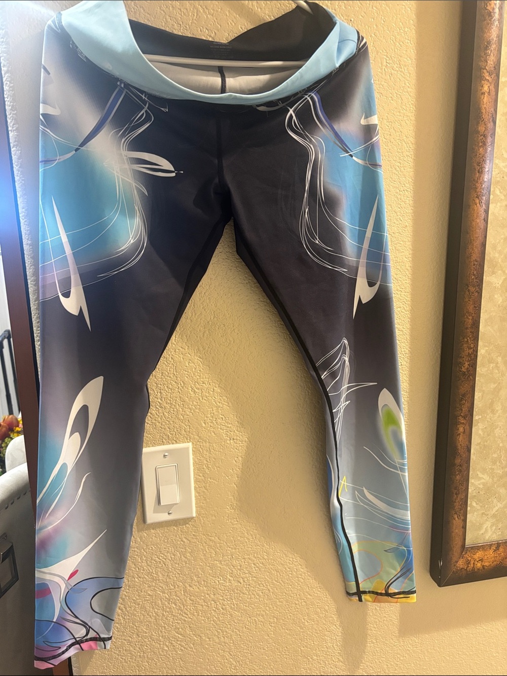 Black Leggings with Blue & Multicolor Swirl Print